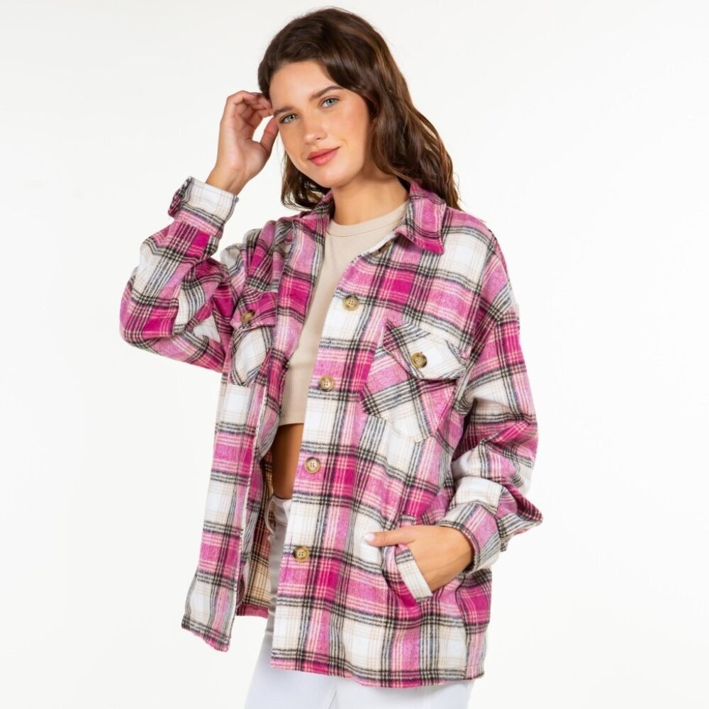 Soft Knit Oversized Button Down 4 Pocket Shacket Plaid Flannel Pink - Picture 2 of 7